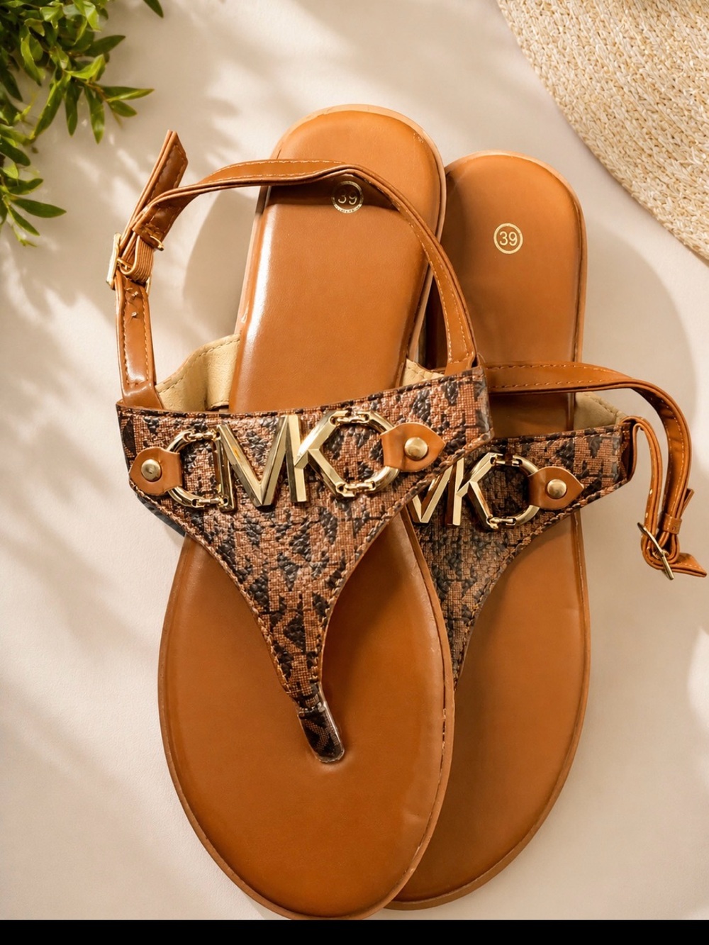 Michael Kors Tan Snake-Print Thong Sandals with Gold MK Accent